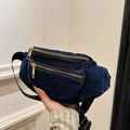 Marsupio versatile in denim blu scuro con cerniere in metallo dorato e tracolla nera - Blu Scuro (Doppia Cerniera)