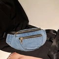 Marsupio in denim azzurro con doppia cerniera dorata e tracolla nera regolabile - Blu Chiaro (Doppia Cerniera)