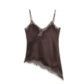 Detailed close-up of dark brown satin camisole with lace trim and asymmetrical hem - Brown