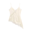 Close-up of cream satin camisole featuring delicate lace trim and asymmetric V-neckline - Beige