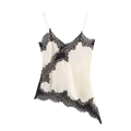 Detail of V-neck camisole with black floral lace trim and asymmetric satin hemline - XS / Rice Black