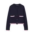 Women's dark blue striped knit cardigan with pink contrast trim and round neck - S / Navy Blue with Pink Trim