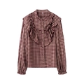 Camisa de cuadros rojo oscuro y beige con volantes decorativos en forma de V - S / Rojo