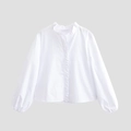 Chemise blanche à manches longues avec col en V à volants et détails plissés devant - XS / Blanc