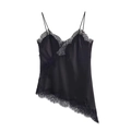 Detail of black satin camisole with delicate floral lace trim and asymmetric hemline - Black