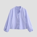 Chemisier lilas pour femme avec col en V à volants et manches bouffantes élégantes - XS / Bleu
