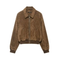 Brown faux suede bomber jacket with a minimalist collar and metallic zipper closure - XS / Brown