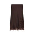 Elegante donkerbruine satijnen midirok met delicate wimperkantrand en zijdeachtige glans - XS / koffiekleur