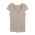 Camiseta de mujer a rayas marrón y beige en punto acanalado con cuello en U y ajuste ceñido - S / Rayas de café y arroz