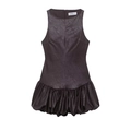 Sleeveless dark brown faux leather puff mini dress with round neck and pleated hem - XS / Dark Brown