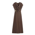 Chocolate brown cowl neck sleeveless maxi dress with gold floral waist detail decoration - S / Coffee