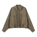 Fashionable olive green cropped aviator jacket with oversized pockets and pleated details - S / Olive Green