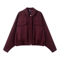 Deep burgundy utility bomber jacket with large cargo pockets and metal button closure - S / Burgundy