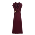 Elegant wine red satin midi dress with a cowl neck and gold flower waist brooch - S / Burgundy