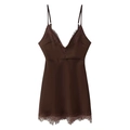 Elegant chocolate brown satin slip dress with delicate lace trim and v-neckline - S / Coffee