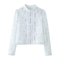 White floral lace long sleeve top with traditional Chinese frog button closure - S / White