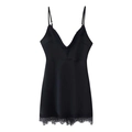 Women's black satin slip dress with elegant V-neck lace trim and adjustable thin straps - S / Black