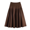 Eleganter dunkelbrauner Faltenrock in Midilänge mit Satin-Finish und hoher Taille A-Linie - XS / Dunkelbraun