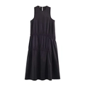 Vestido midi negro sin mangas minimalista con detalles de volantes y cuello redondo - XS / Negro