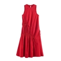 Vestido midi rojo sin mangas minimalista con elegantes detalles de cordón fruncido - XS / Rojo