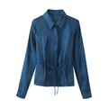 Navy blue satin long sleeve shirt with adjustable waist tie and hidden placket design - Blue