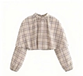 Women's plaid cropped blouse with puff sleeves and beige checkered pattern - XS / As Shown