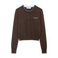 Dark brown long sleeve knit cardigan with contrast white trim and classic round neck - S / Dark Brown