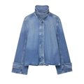 Chaqueta corta de mezclilla azul lavada con cuello alto y puños anchos doblados - XS / Azul claro