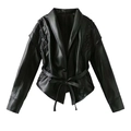 Chaqueta vintage de cuero PU negro con cinturón ajustable y detalles de cordones punk - S / Cuero de Imitación / Negro