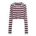 Women's slim fit long sleeve knit crop top with classic burgundy and lilac stripes - S / Brown Pink Stripe
