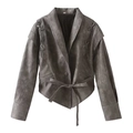 Chaqueta corta de antelina gris oscuro con lazo en cintura y cordones en manga - S / Ante sintético / Gris