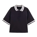 Women's black short sleeve polo shirt with white scalloped contrast collar and cuffs - Black / S