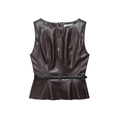 Dark brown sleeveless faux leather top with belted waist and peplum hem on white background - XS / Dark Coffee Top
