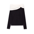 Pull en maille noir élégant à épaules dénudées avec col contrasté blanc et épingle dorée - S / Noir