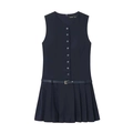 Minimalist sleeveless navy pleated dress with single-breasted buttons and waist belt - XS / Black