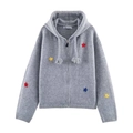 Cárdigan gris de punto con capucha, bordado de estrellas y cordón ajustable - S / Tops / Gris