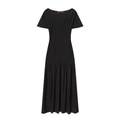 Elegant black short sleeve smocked midi dress with a square neckline and pleated skirt - XS / Black