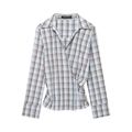 Light blue and brown plaid wrap shirt for women with waist-defining button detail - XS / Blue Brown Plaid