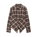 Camicia a quadri marrone a maniche lunghe da donna con orlo a pieghe asimmetrico - S / Quadri Marroni e Bianchi