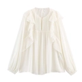 Elegante blusa blanca de gasa con mangas largas, volantes escalonados y pliegues - XS / Blanco