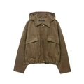 Giacca cargo vintage in finta pelle scamosciata marrone con cappuccio e tasche frontali - XS / cuoio