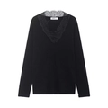Pull en maille noir à col en V avec bordure en dentelle délicate et manches longues - S / Noir