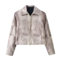 Giacca vintage lavata da donna con cerniera argentata e colletto a rever alla moda - S / Come mostrato