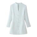 Elegantes weißes langärmliges Kleid mit Stehkragen, Zierknöpfen und betonter Taillenform - S / Weiß
