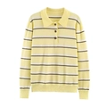 Vintage yellow polo collar striped knit sweater with long sleeves and ribbed cuffs - S / White Stripe