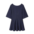 Vestido elegante de tweed azul marino de manga corta con botones dorados y bajo con volantes - XS / Azul marino
