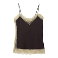 Elegantes schwarzes Satin-Top mit beigefarbener Wimpernspitze und dünnen Trägern - XS / Camisoles