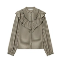 Camicia a quadretti verdi da donna con balze vintage e colletto alla coreana - XS / verde oliva