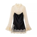 Beiges Spitzenoberteil mit schwarzem Satinkleid und elegantem Wimpernspitzen-Saum-Detail - S / Beige/Schwarz