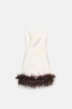 White satin slip dress with contrast dark feather trim hem for party wear - XS / White